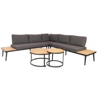 mobiliario de jardin con dos mesas auxiliares en madera de acacia acero y cojines gris oscuro 040008306