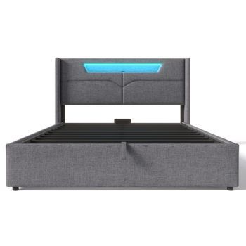 Cama Con Canapé 140x200cm Tapizada En Tela De Lino Con Led Y Puertos De Carga Con Somier Gris