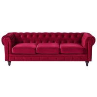 sofa 3 plazas chesterfield tapizado en tela de terciopelo rojo patas de madera oscura estilo contemporaneo chesterfield