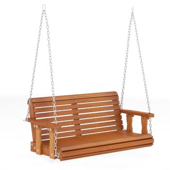 Costway Banco Columpio de Madera Marrón Oscuro para Jardín Exterior con Cadenas Galvanizadas Asiento Amplio para 2 Personas 119,5 x 62 x 49 cm