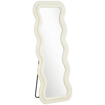 HOMCOM Espejo de Cuerpo Entero 160x60 cm Marco Ondulado Aterciopelado Independiente Apoyado y de Pared Crema   Aosom España