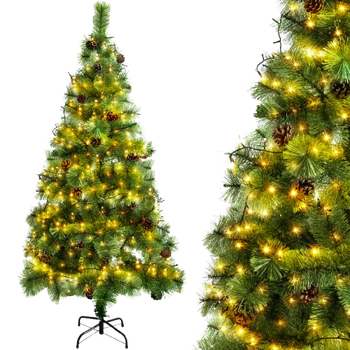 Aigostar 180 CM Árbol de Navidad Artificial,con Cadena de luces LED de 18 M,300 LED Blanco cálido,8 Modos de Iluminación,Ramas Aguja de Pino con Piñas,Verde,Incluye Soporte de Meta