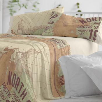 Juego De Sábanas 100% Algodón Vintage Mapas Cama De 180 Cm Color Gris Burrito Blanco