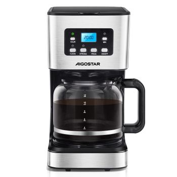 Aigostar - Cafetera de Goteo con Temporizador Programable, 950W,1.5L(12 Tazas),Pantalla LCD, Filtro Reutilizable, Auto Apagado, Función Mantener Caliente. Función Auto Limpieza (Descalcificación)