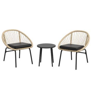 Conjunto De Muebles De Jardín De Ratán De 3 Piezas , Conjunto De Muebles De Balcón Con Mesa De Centro Y 2 Sillas, Conjunto De Asientos Con Cojines, Resistente A La Intemperie, Poliéster, Amarillo