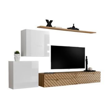 Conjunto De Muebles De Diseño Para Sala Switch V, En Colores Blanco Y Roble. Acabados En Blanco Brillante Y Roble Fresado.