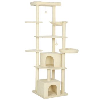 PawHut Árbol para Gatos Alto 200 cm Multinivel con 2 Casitas, 2 Camas y Hamaca, Estructura para 2-3 Gatos, Beige   Aosom España