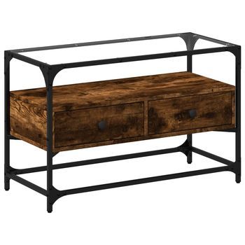 Mueble Tv | Mueble De Salón | Gabinete De Tv Cristal Y Madera Ingeniería Roble Ahumado 80x35x51 Cm