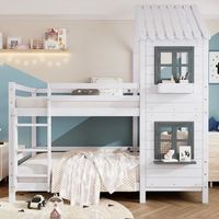 literas 2 x 90 x 200 cm con escalera ventana y somier - pino  mdf - para ninos - blanco colchon no incluido