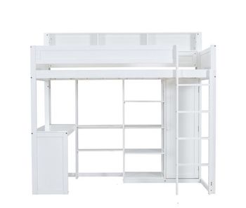 Cama alta de madera de pino y mdf - 90x200 cm - con estantes arriba, escritorio y armario - blanco