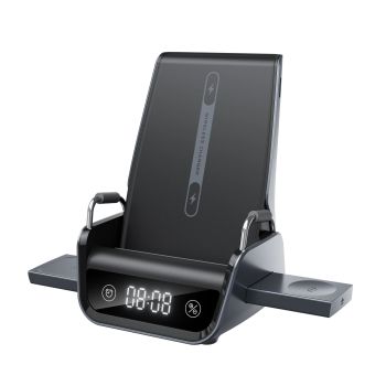 Cargador inalámbrico de escritorio 4 en 1 K11 15W con soporte para teléfono y función de visualización de hora Carga ina