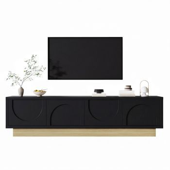 Mueble De Tv Negro Y Madera 175 Cm, Mesa De Tv Con 4 Puertas Y Pasacables, Mdf