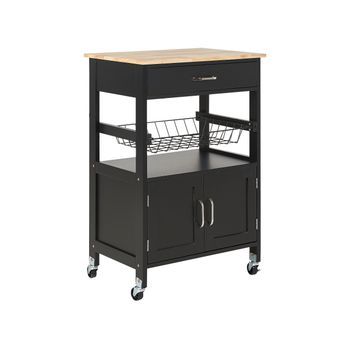 Carrito De Cocina Negro Madera Clara Cajón Armario Estante Ruedas Cocina Lugo