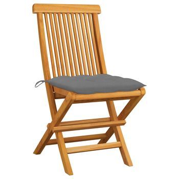 Pack 2 Uds Sillas De Jardín | Silla De Exterior | Sillón Madera Maciza Teca Con Cojines Grises