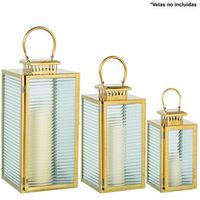 set 3 faroles portavelas metal cromado dorado