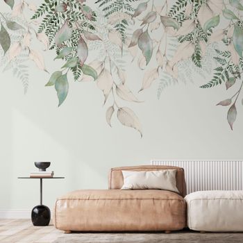 Papel pintado panorámico guirnalda de vegetación, verde clar