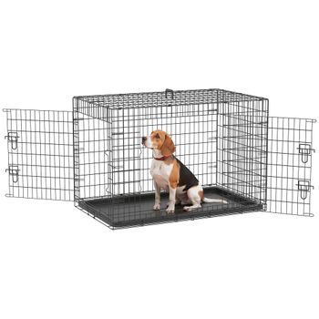 PawHut Transportín de Perro de 2 Puertas Jaula de Alambre para Perros Plegable con Asa Acero 92x57x62,5 cm Negro   Aosom España