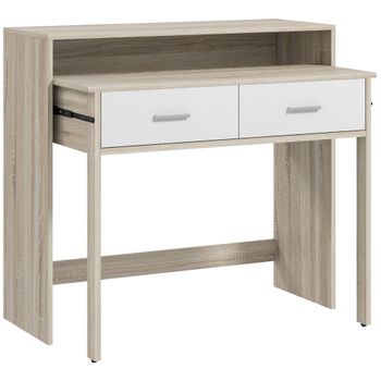HOMCOM Mesa Consola Escritorio Extensible de 2 Niveles con Rieles Deslizantes 2 Cajones y 2 Ruedas 95x35x87 cm Roble   Aosom España