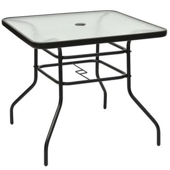 Costway Mesa Auxiliar con Tablero de Vidrio para Patio Mesita Baja de Té con Hoyo para Sombrilla en Metal para Jardín Balcón 81 x 81 x 71 cm Negro
