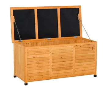 Outsunny baúl de almacenaje exterior 284l arcón de jardín de madera impermeable con tapa abrible y diseño persiana 127x56x60 cm natural