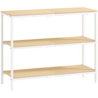 homcom consola de recibidor con 3 estantes abiertos y patas de metal para pasillo entrada salon dormitorio natural y blanco