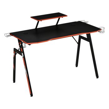 HOMCOM Mesa Gaming Ergonómica Negra para PC con Soporte Monitor Altavoz Portavasos Gancho Auriculares 120x60x94,5 cm   Aosom España