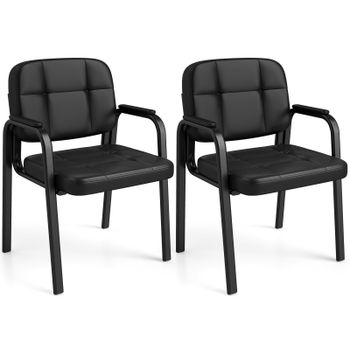 Costway Juego de 2 Sillas Confidente de Cuero con Respaldo y Reposabrazos Acolchados Estructura Metálica para Oficina Estudio Carga 150kg Negro
