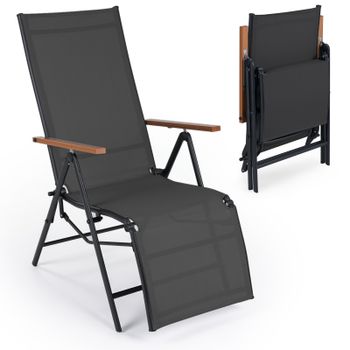 Costway Tumbona Plegable con Respaldo Ajustable 5 Posiciones Reposabrazos Tejido Transpirable para Balcón Jardín Piscina Carga 150kg Negro
