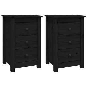 Pack 2 Uds Mesitas De Noche | Mesa Auxiliar | Mesilla Madera Maciza De Pino Negro 40x35x61,5cm