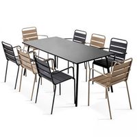 mesa de jardin rectangular y 8 sillones de metal gris y topo