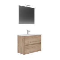 conjunto de mueble lova de bano con lavabo y espejo roble