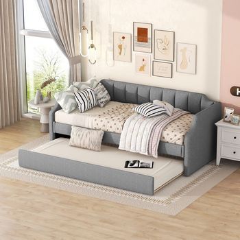 Lit Canapé Gigogne Rembourré Individuel Avec Lit Roulant, Gris, 90 X 200 Cm