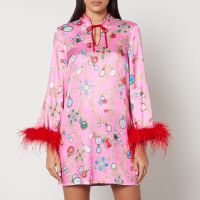 kitri carlotta printed feather-trimmed satin mini dress - uk 10