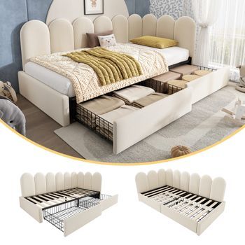Cama Sofá Acolchada De Terciopelo Con Cajones De Almacenamiento 90x190 Cm Con Somier De Lamas, Beige