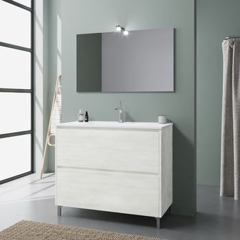 Mueble De Baño De Suelo 100cm 2 Cajones Roble Blanco Con Espejo 100x60 | Laguna