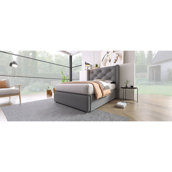 Cama Individual Tapizada Hidráulica Con Almacenamiento Y Somier De Lamas, Marco De Metal, 90x200 Cm, Gris Algodón