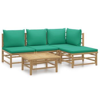 Conjunto De Muebles De Jardín 5 Uds | Mesa Y Sillas Bambú Con Cojines Verde
