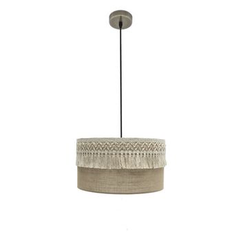 Lámpara colgante FABRILAMP EKATERINA para iluminación decorativa interior, acabado cuero con pantalla de tela beige, 1xE27, altura regulable, estilo elegante