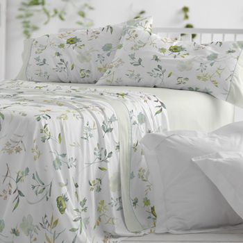 Juego De Sábanas 50% Algodón Diseño Flores Acuarela Azul 150 X 190/200 Cm - Menta - Burrito Blanco