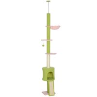 pawhut arbol rascador de suelo a techo 5 niveles altura ajustable 220-240 cm plataformas en forma de flor con rascador nicho hamaca verde   aosom espana