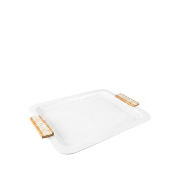 Bandeja rectangular blanca con asas de madera 41x31 cm
