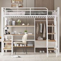 cama loft con escritorio y almacenamiento 2 cofres de tela escalera inclinada de 4 peldanos metal y mdf blanca y natural 90x200 cm