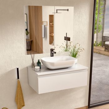 Mueble Baño Suspendido 80 Cm Blanco, Lavabo Y Espejo Bellobath