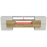 mueble tv blanco brillo y madera de 200 cm con iluminacion led multicolor