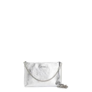 bolso de mano de piel laminada con bandolera de doble cadena silver