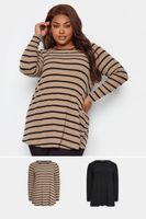 yours juego 2 tops con vuelo y manga larga negro y marron de rayas mujer curvy y tallas grandes yours