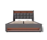 cama con almacenaje de lino 160x200cm con led y puertos usb - somier - gris