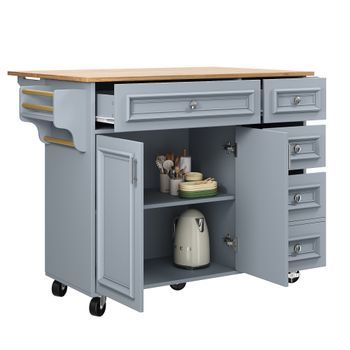 Isla De Cocina Extensible Azul, Superficie Abatible, Cajones Y Estantes, 110 × 45/75 × 92 Cm