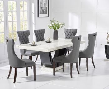 Raphael 200cm White and Black Pedestal Marble Dining Table with Freya Chairs