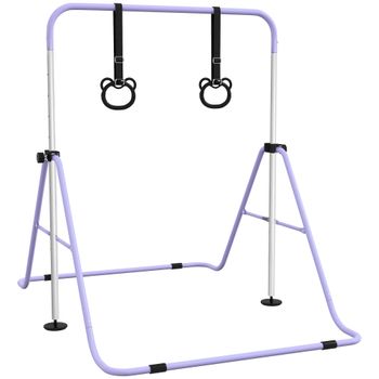 HOMCOM Barra de Gimnasia para Niños Altura Ajustable en 5 Niveles y Anillos Entrenamiento de Gimnasia Plegable en Casa Púrpura